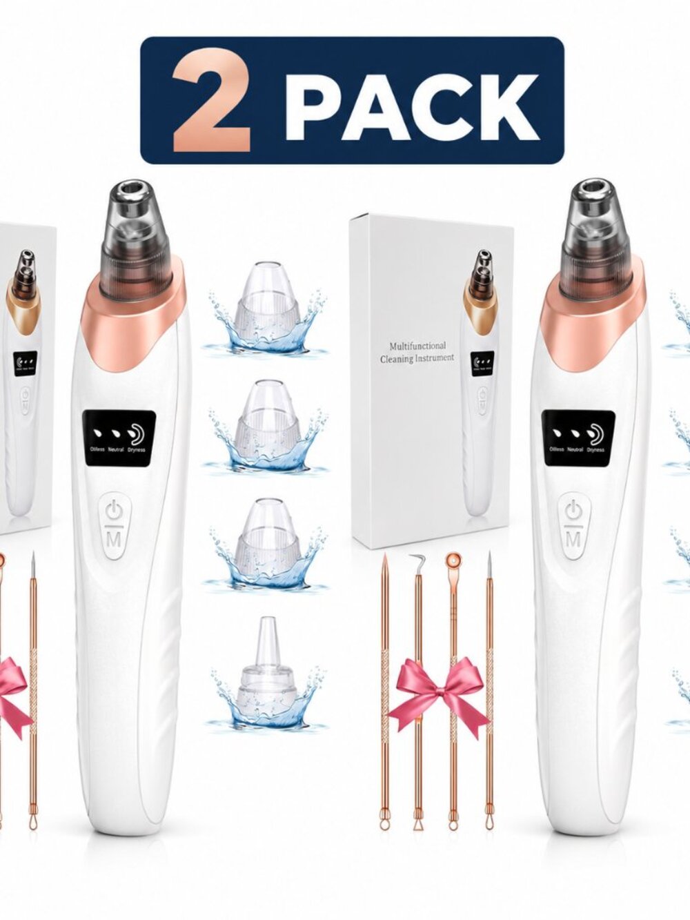 2 Rechargeable Pore Vacuum Blackhead Remover Kit - 3 Suction Levels, White